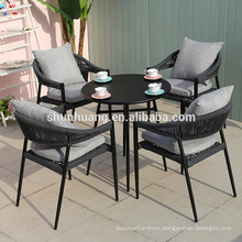 Modern  rope woven garden dining set cafe shop rope furniture  5 pieces webbing chair and coffee  table